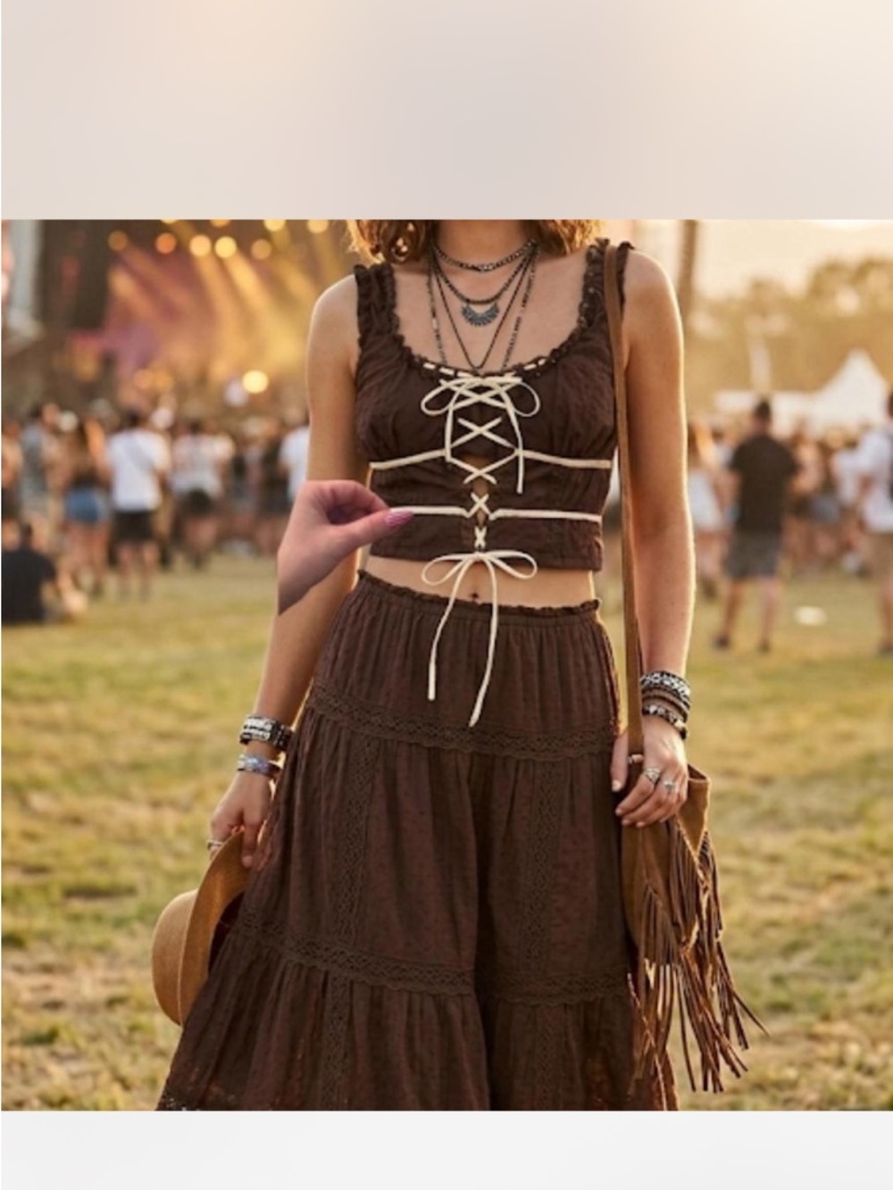 Fashion Nova Brown Lace-Up Crop Top & Skirt Set